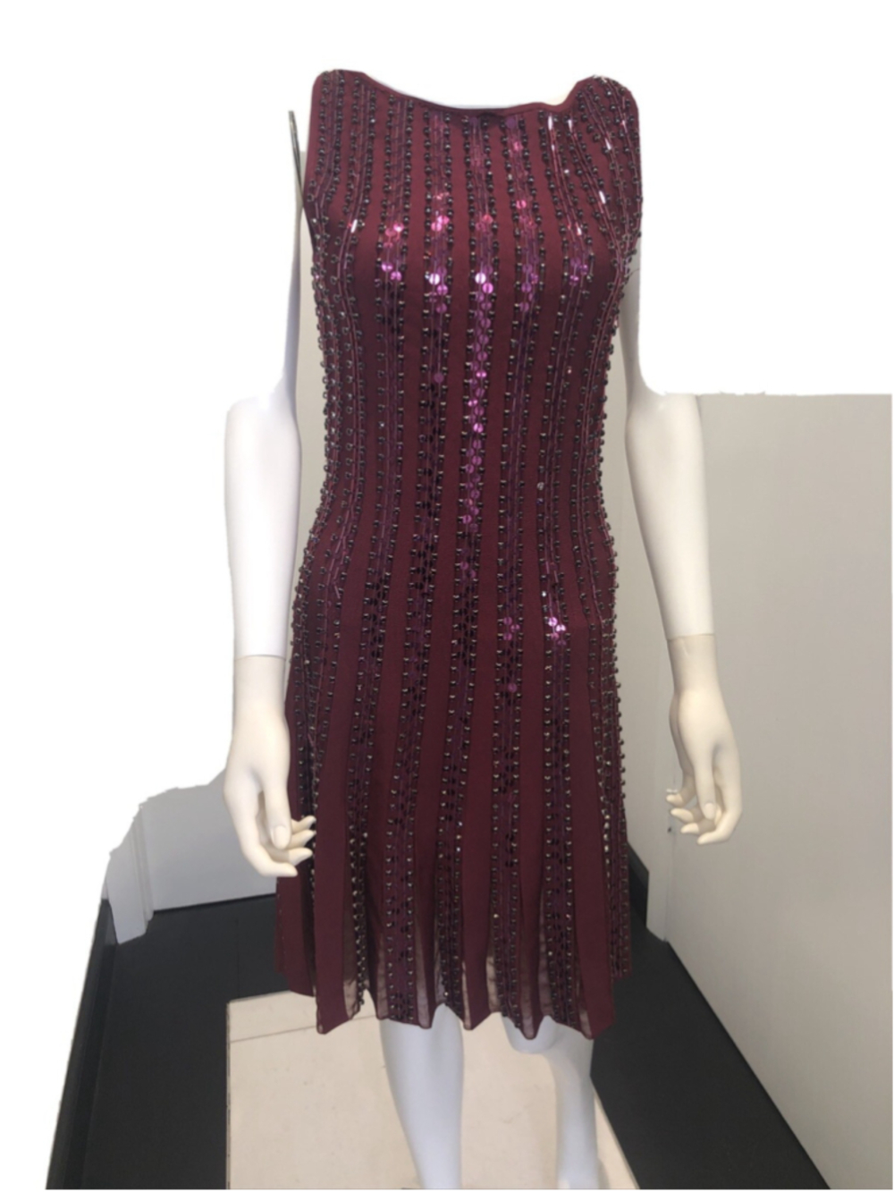 Zac Posen Sequin-Striped Sleevless Coktail Beaded Boatneck Knit Dress Burgundy S